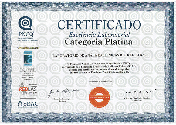 Certificado Categoria Platina pelo título de <br> Excelência Laboratorial
